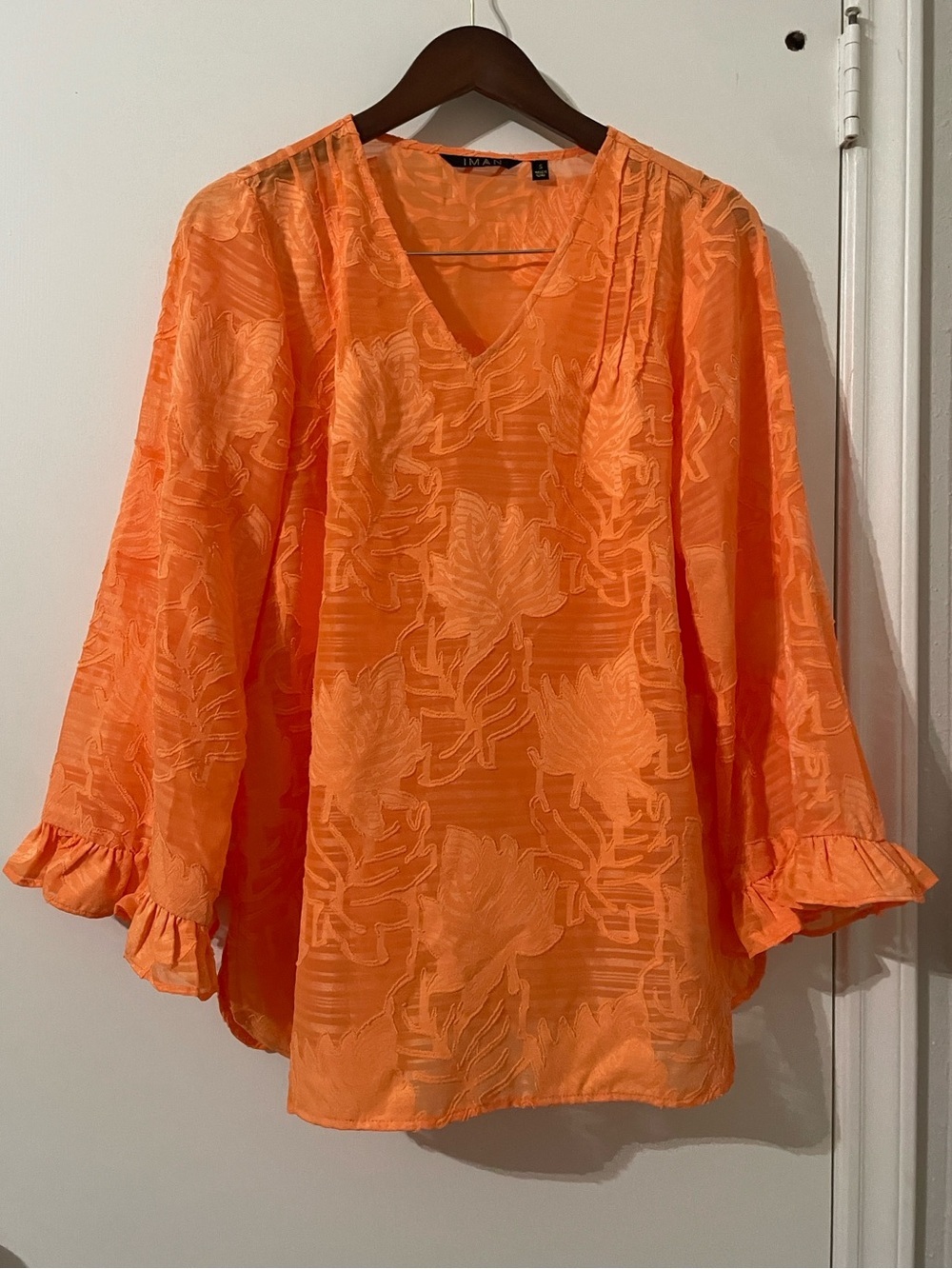 IMAN Global Chic Orange Tropical Burnout Jacquard V-Neck Blouse - Small